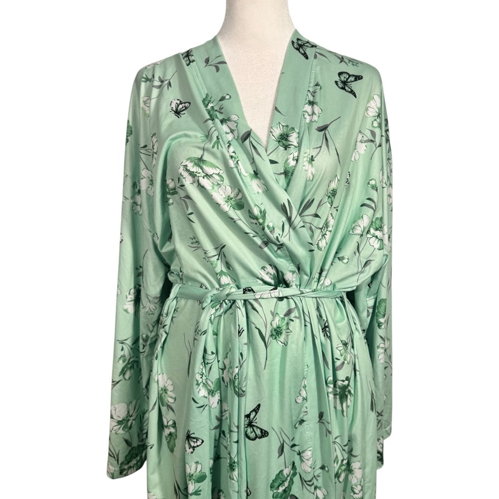 Size XL Women’s Light Green Floral Butterfly V-Neck Long Sleeve Tie Waist Robe - Picture 4 of 6